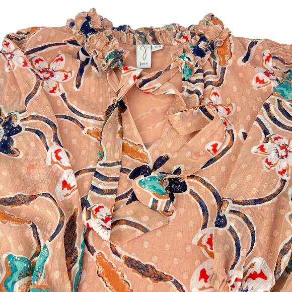 Joie M Ruffle Tie Neck Chiffon Floral Swiss Dot Balloon Sleeve Blouse Sheer - Picture 1 of 12